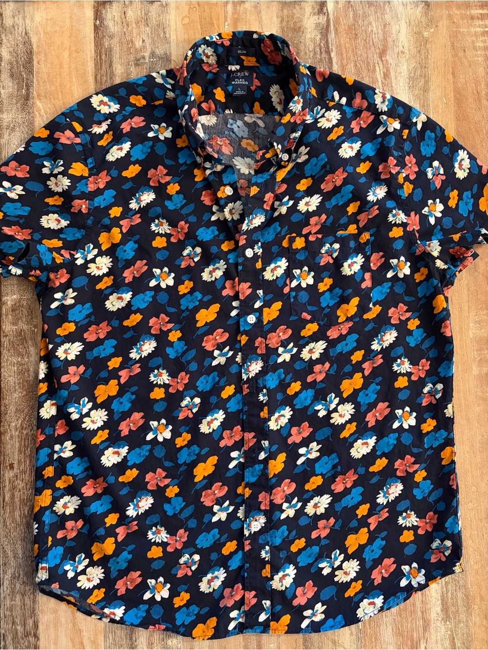 J Crew Slim Fit Flex Washed Button-Up Shirt Men's Large Short Sleeve Navy Floral